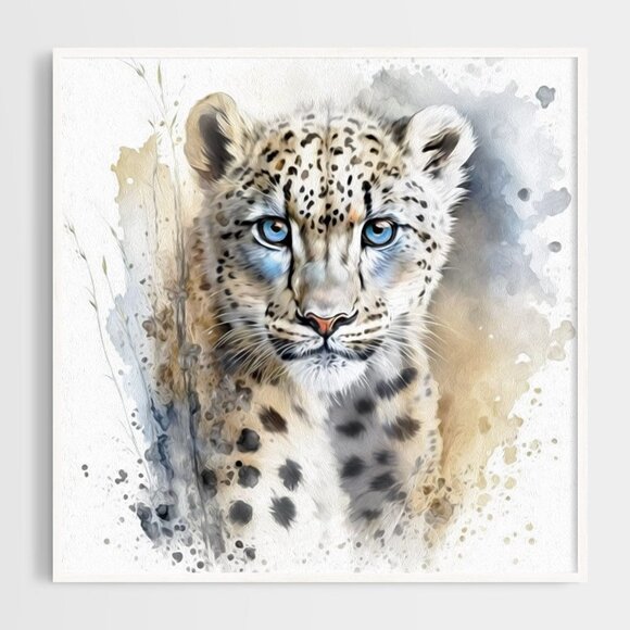 NobleCaptures Other - 8x8 Snow Leopard Blue Eyes Portrait Watercolor Fantasy Art Oil Painting Print